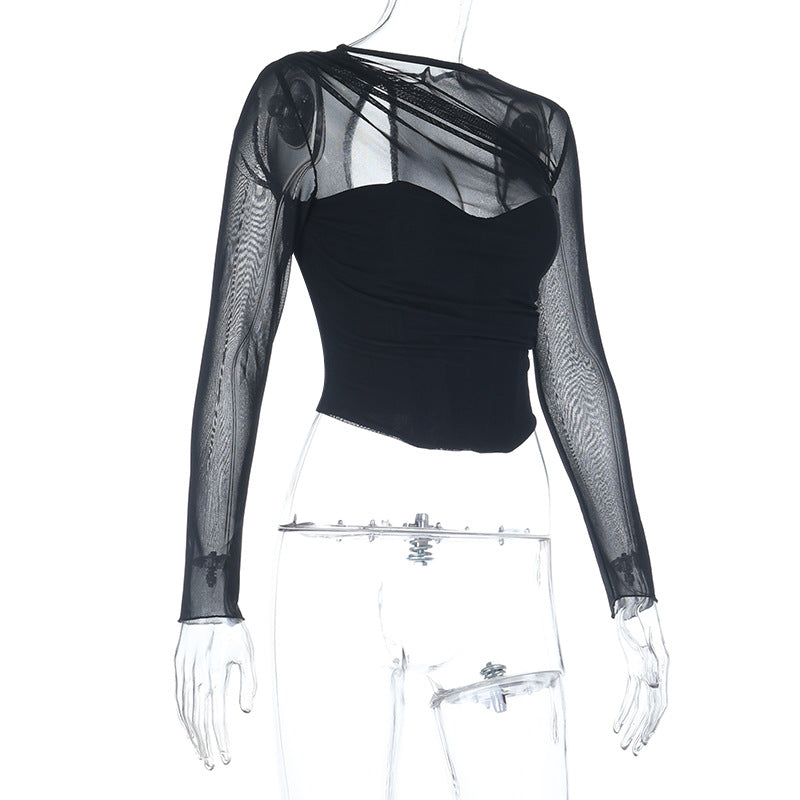 Long sleeve mesh zip-up crewneck solid top  | Festival Outfits Women