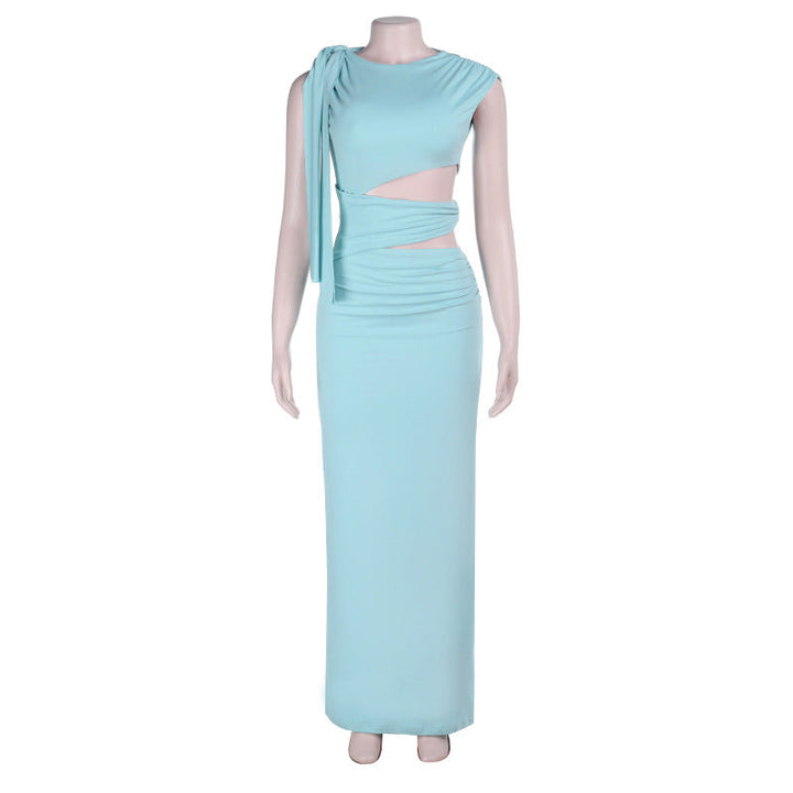 Crewneck hollow out irregular ruched cut out maxi dress  | Festival Outfits Women