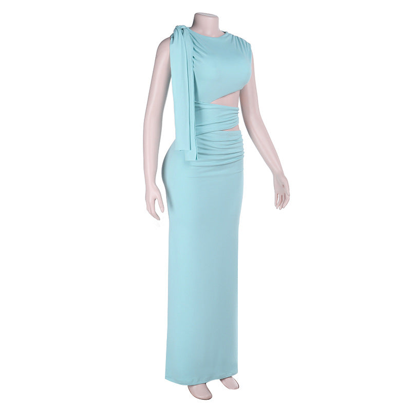 Crewneck hollow out irregular ruched cut out maxi dress  | Festival Outfits Women