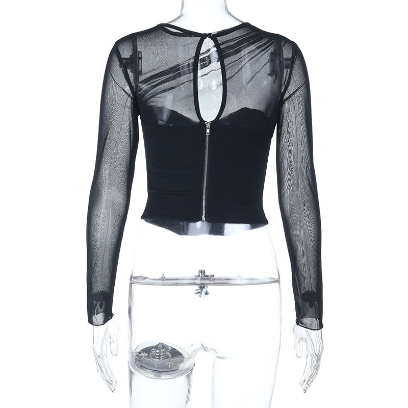 Long sleeve mesh zip-up crewneck solid top  | Festival Outfits Women