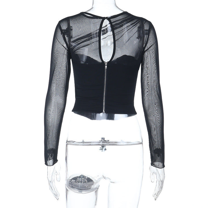 Long sleeve mesh zip-up crewneck solid top  | Festival Outfits Women