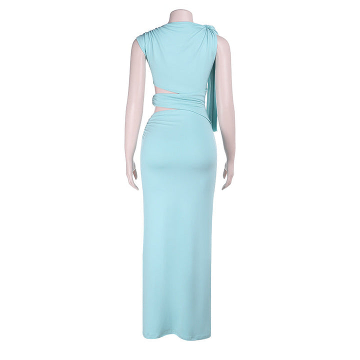 Crewneck hollow out irregular ruched cut out maxi dress  | Festival Outfits Women