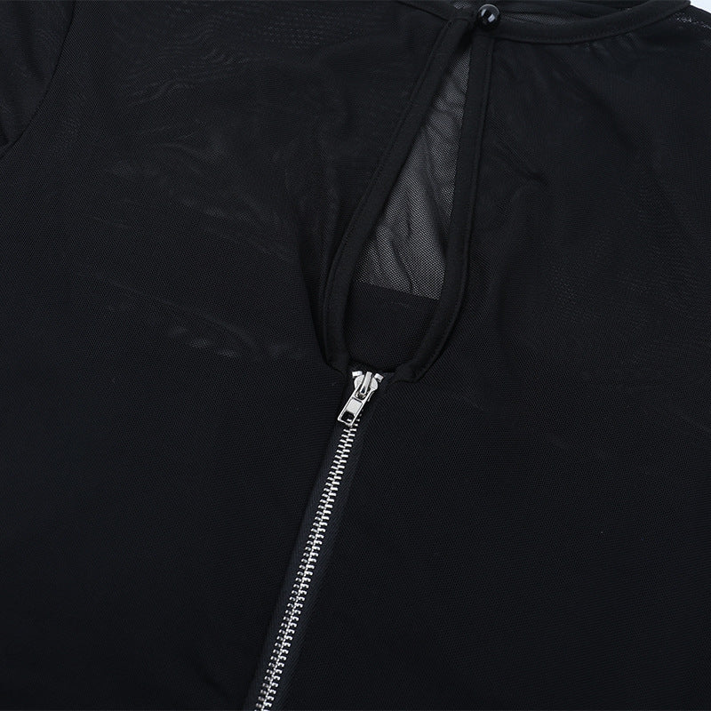 Long sleeve mesh zip-up crewneck solid top  | Festival Outfits Women