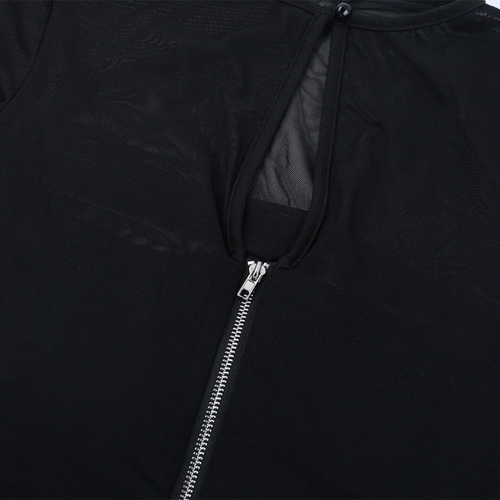 Long sleeve mesh zip-up crewneck solid top  | Festival Outfits Women