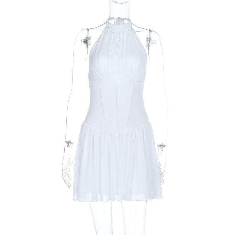 Halter self tie ruched backless solid mini dress  | Festival Outfits Women