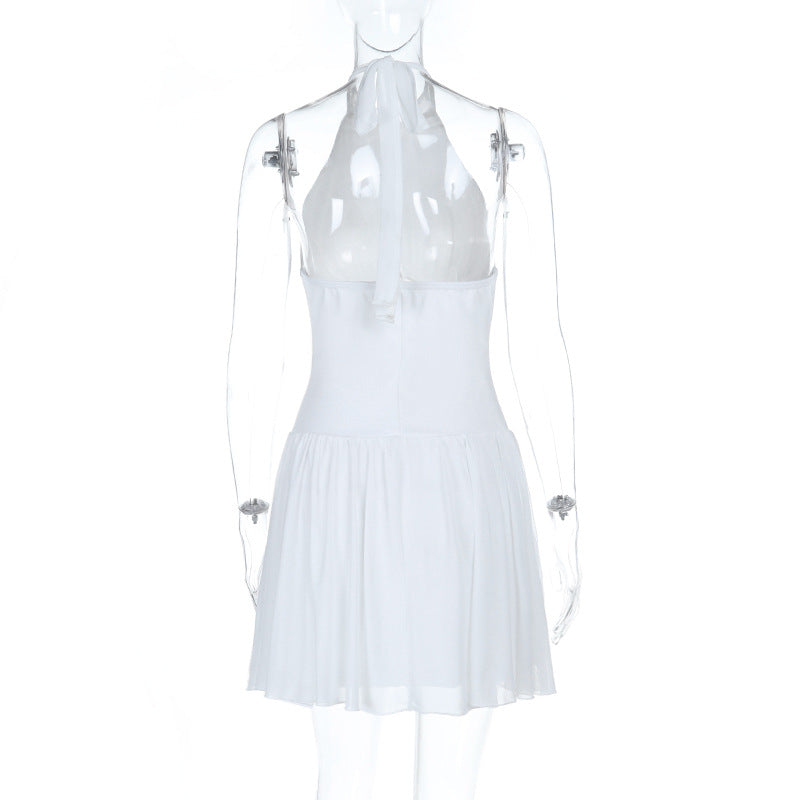 Halter self tie ruched backless solid mini dress  | Festival Outfits Women