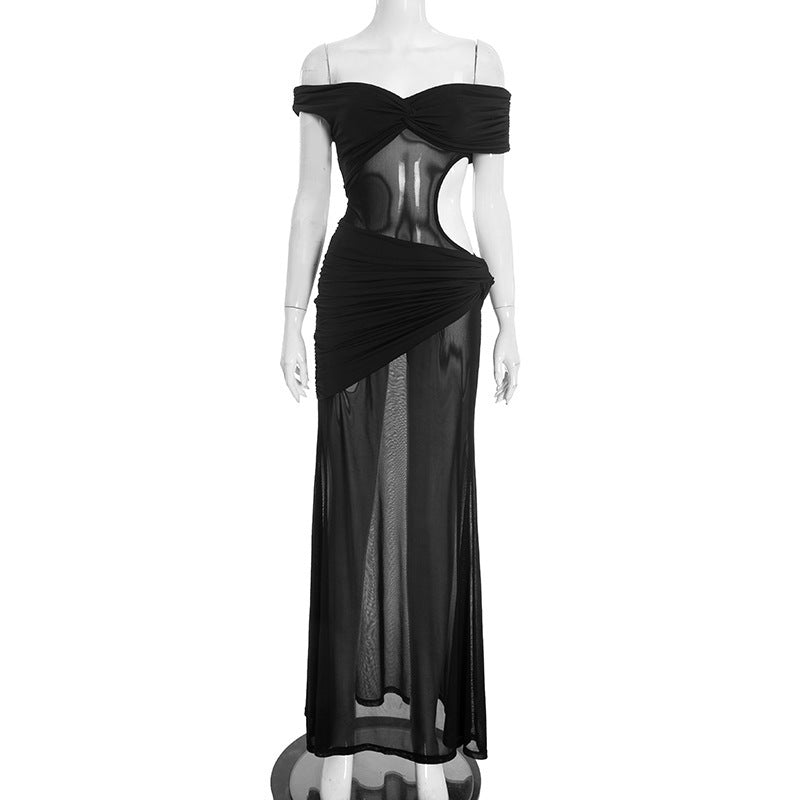 Off shoulder hollow out ruched irregular mesh cut out mini dress  | Festival Outfits Women