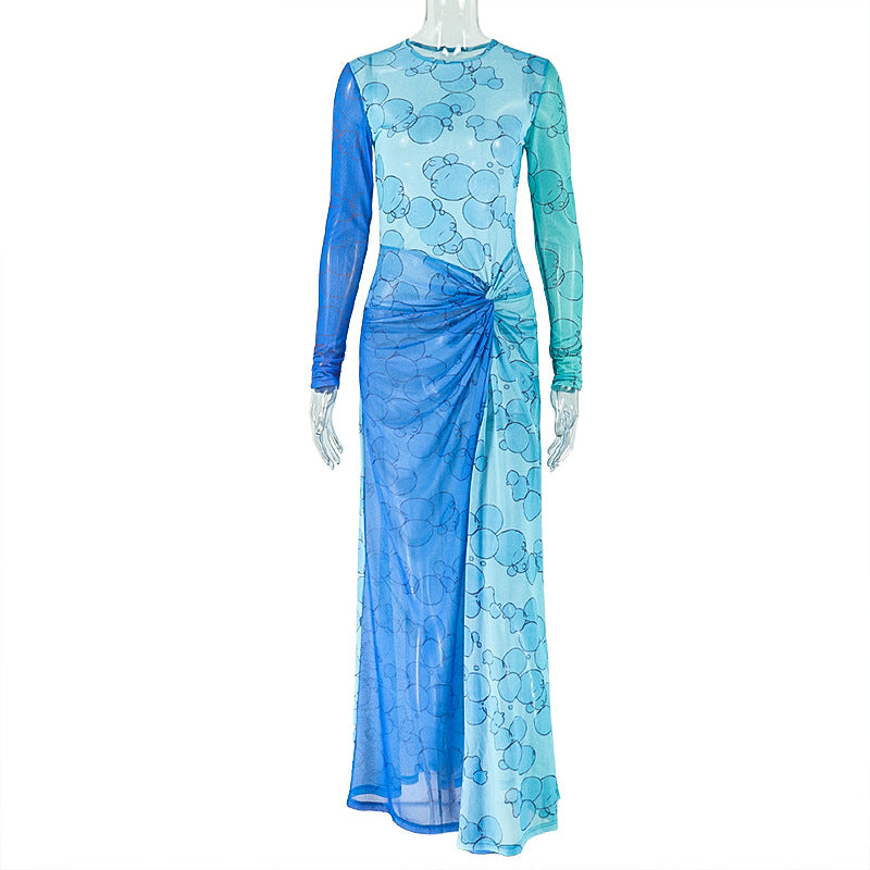 Long sleeve crewneck print slit mesh mini dress  | Festival Outfits Women