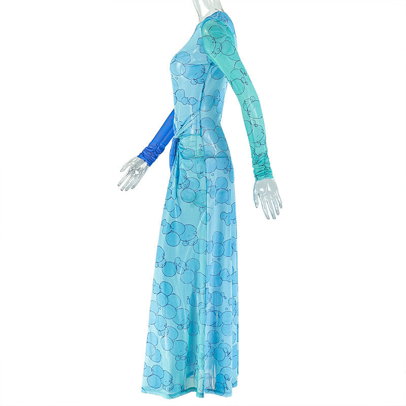 Long sleeve crewneck print slit mesh mini dress  | Festival Outfits Women