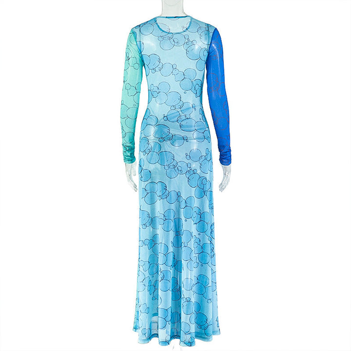 Long sleeve crewneck print slit mesh mini dress  | Festival Outfits Women