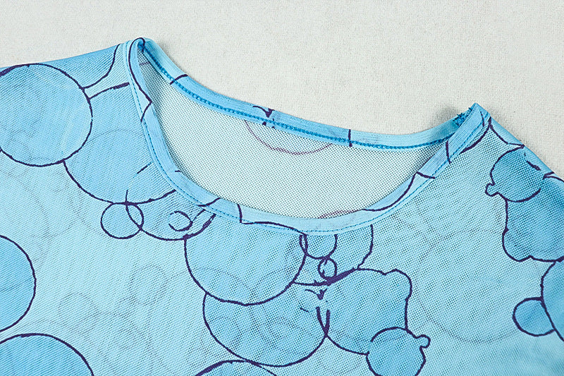 Long sleeve crewneck print slit mesh mini dress  | Festival Outfits Women