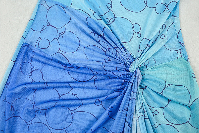 Long sleeve crewneck print slit mesh mini dress  | Festival Outfits Women