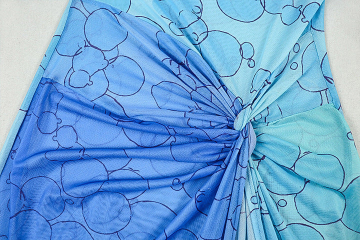 Long sleeve crewneck print slit mesh mini dress  | Festival Outfits Women