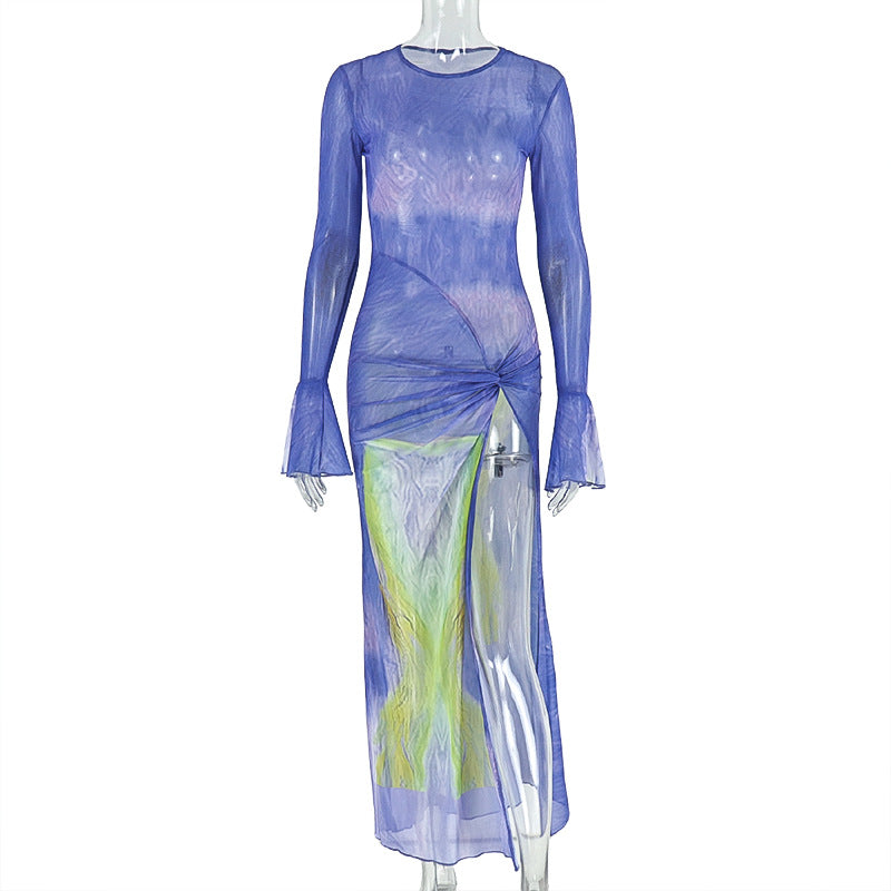 Long flared sleeve print mesh crewneck slit maxi dress  | Festival Outfits Women