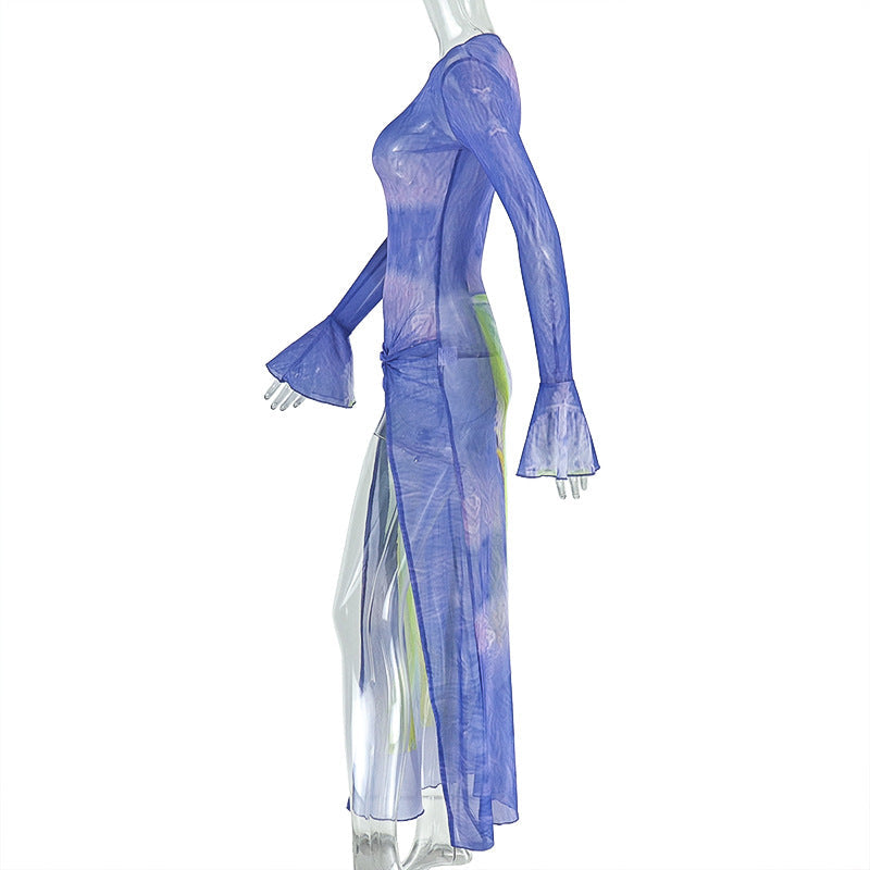 Long flared sleeve print mesh crewneck slit maxi dress  | Festival Outfits Women