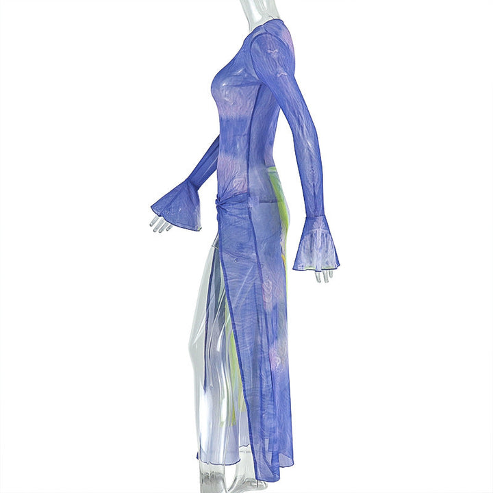 Long flared sleeve print mesh crewneck slit maxi dress  | Festival Outfits Women