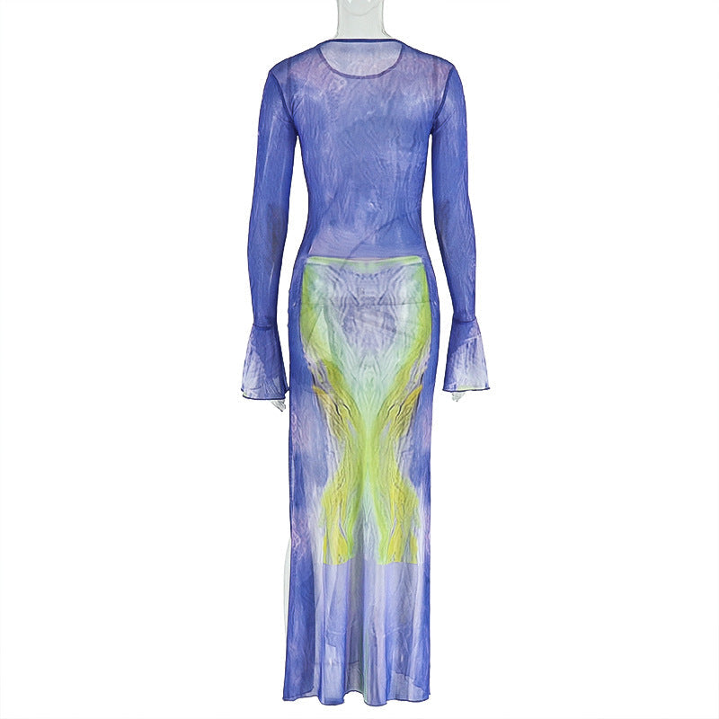 Long flared sleeve print mesh crewneck slit maxi dress  | Festival Outfits Women