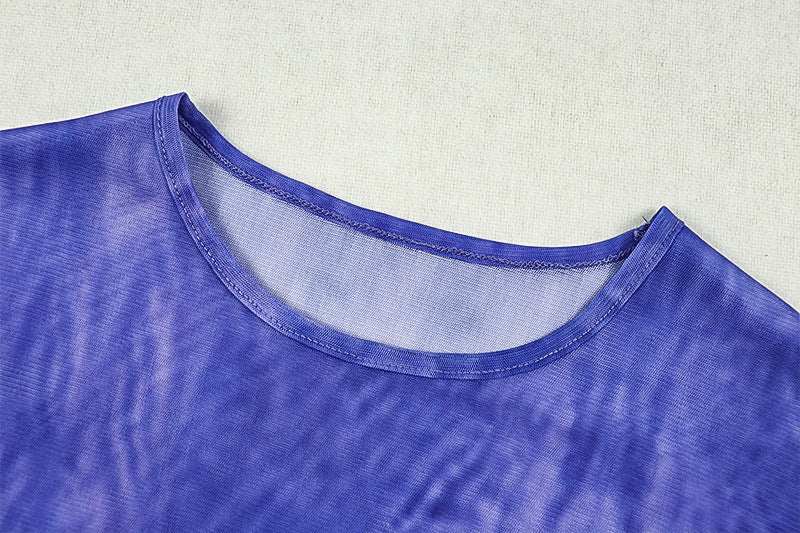 Long flared sleeve print mesh crewneck slit maxi dress  | Festival Outfits Women