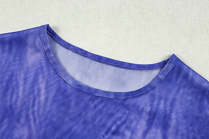 Long flared sleeve print mesh crewneck slit maxi dress  | Festival Outfits Women