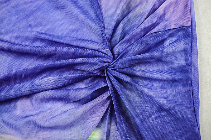 Long flared sleeve print mesh crewneck slit maxi dress  | Festival Outfits Women