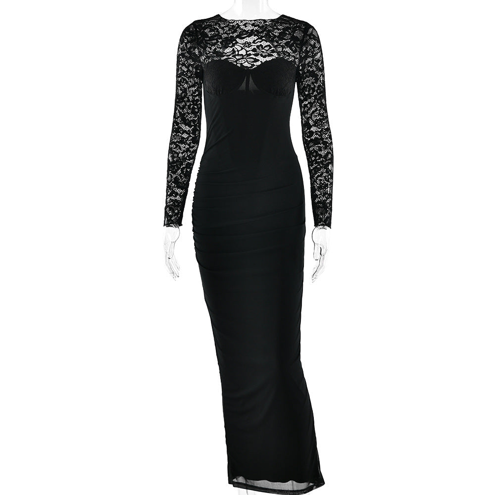 Crewneck long sleeve lace slit solid midi dress  | Festival Outfits Women