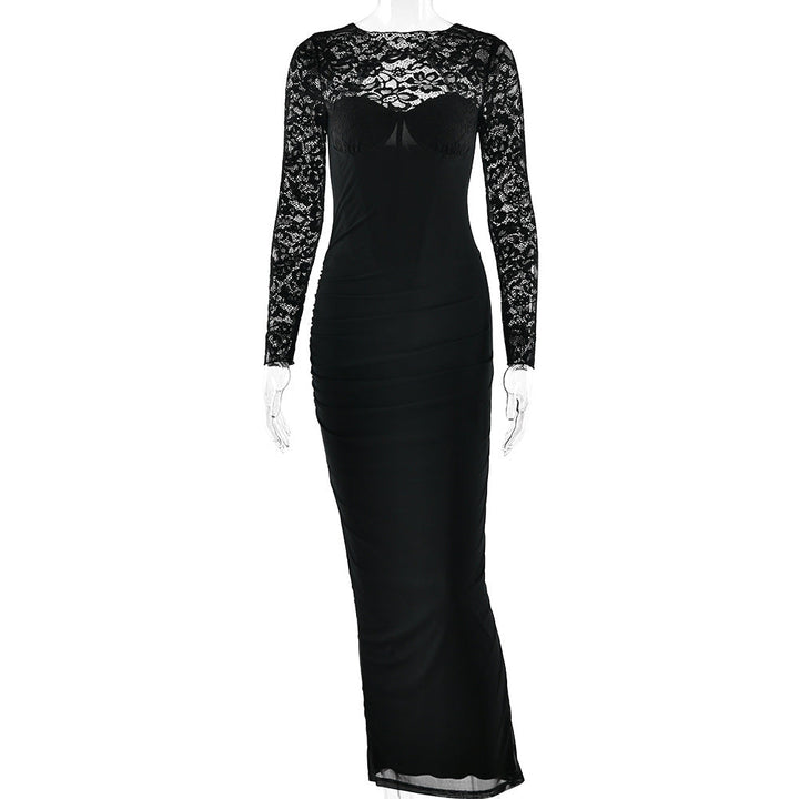 Crewneck long sleeve lace slit solid midi dress  | Festival Outfits Women