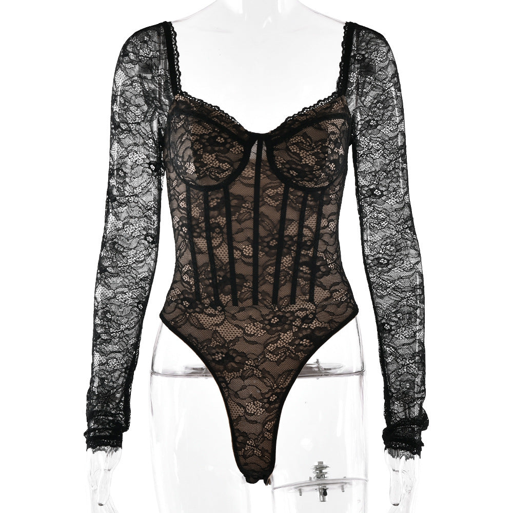 Long sleeve lace v neck button bodysuit  | Festival Outfits Women