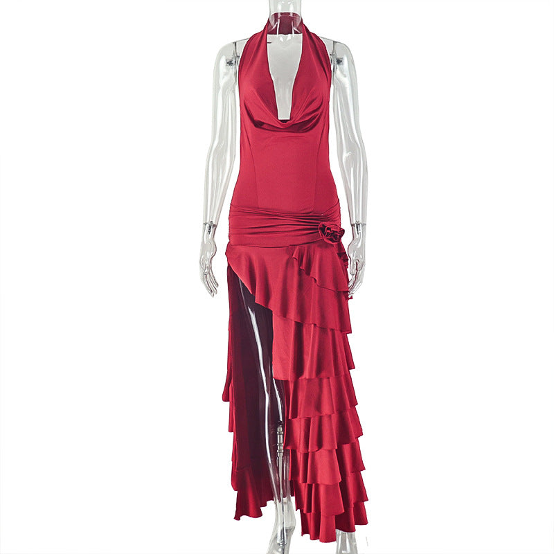 Cowl neck halter ruffle slit irregular maxi dress  | Festival Outfits Women