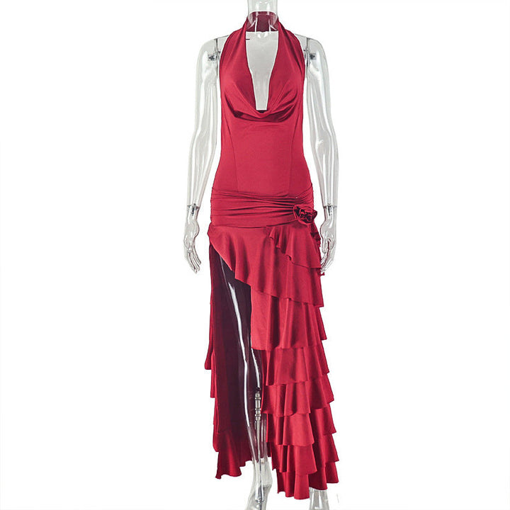 Cowl neck halter ruffle slit irregular maxi dress  | Festival Outfits Women