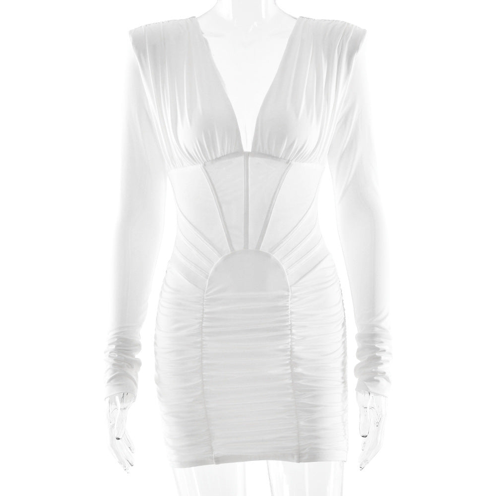 Long sleeve ruched v neck solid mini dress  | Festival Outfits Women