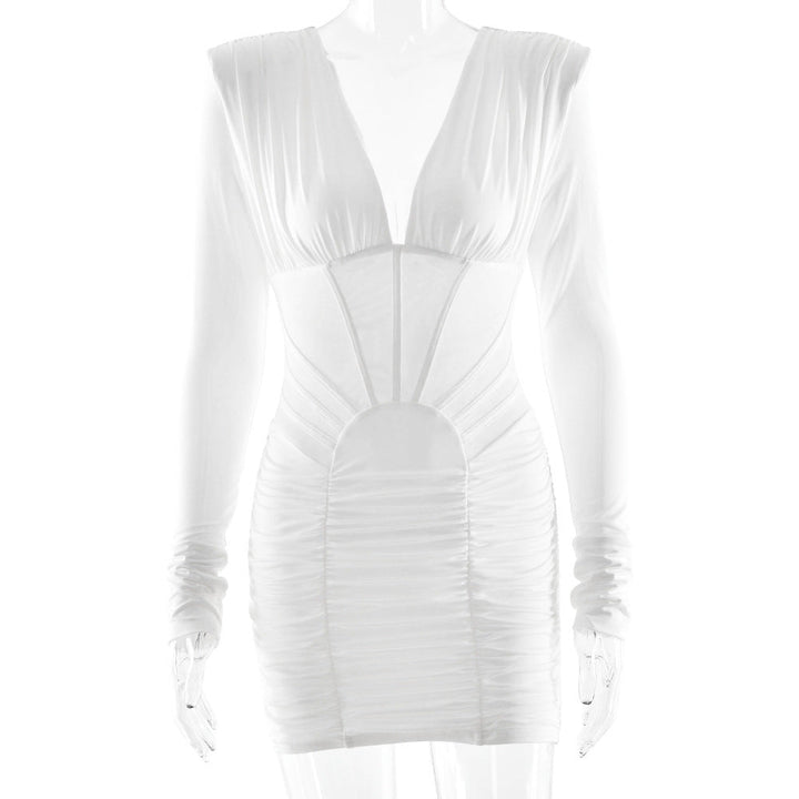 Long sleeve ruched v neck solid mini dress  | Festival Outfits Women