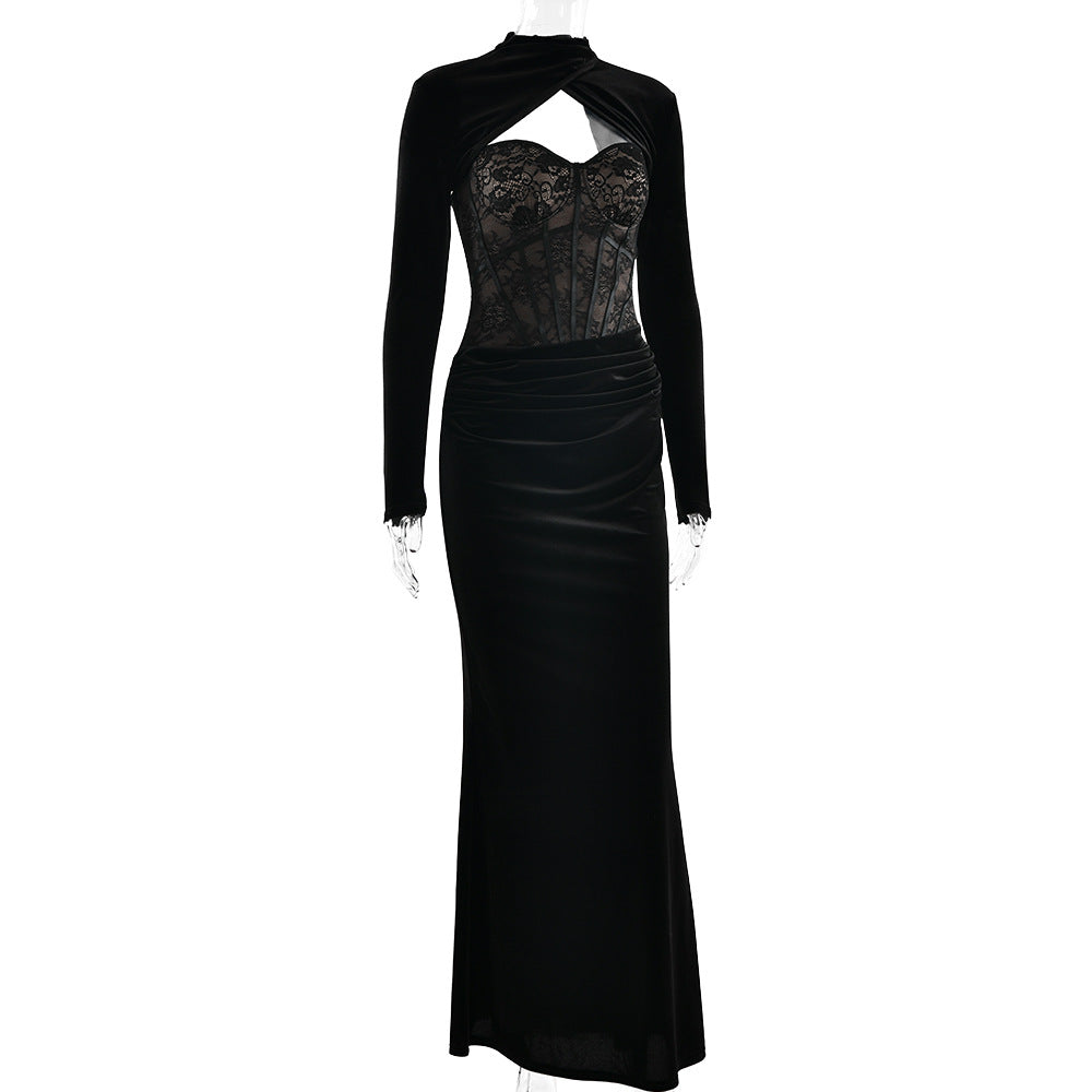 Long sleeve lace ruched zip-up solid maxi dress  | Festival Outfits Women