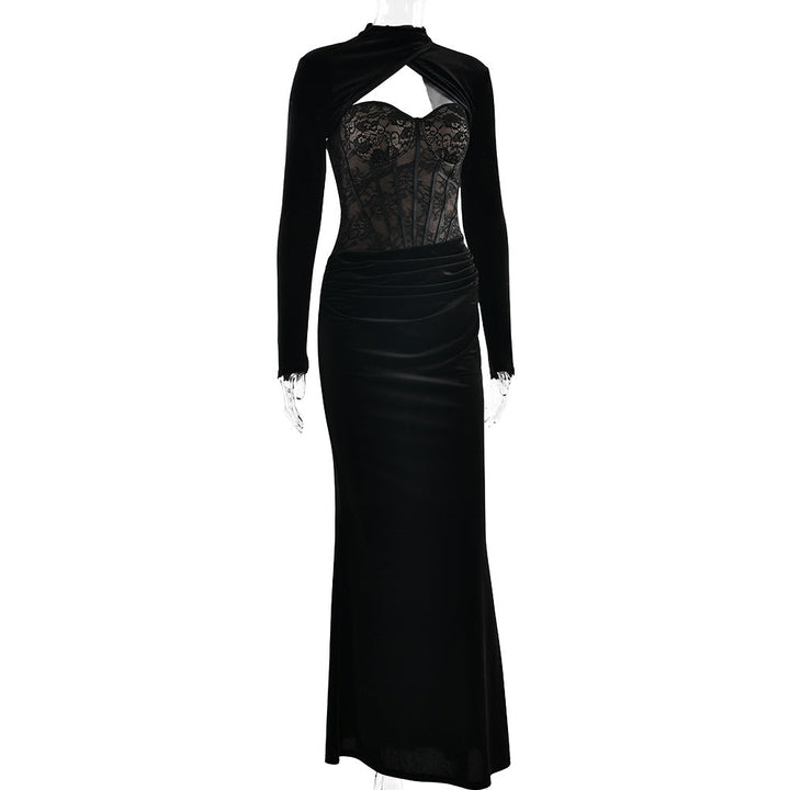 Long sleeve lace ruched zip-up solid maxi dress  | Festival Outfits Women