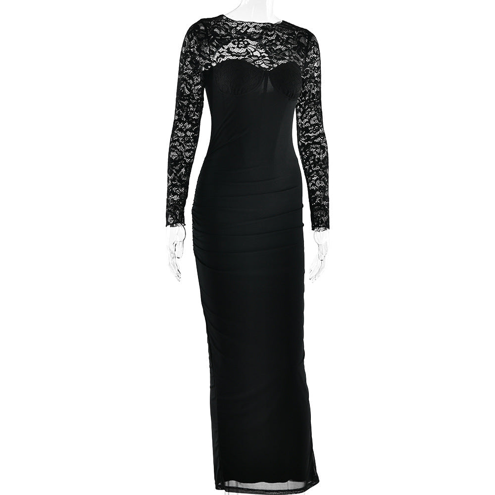 Crewneck long sleeve lace slit solid midi dress  | Festival Outfits Women