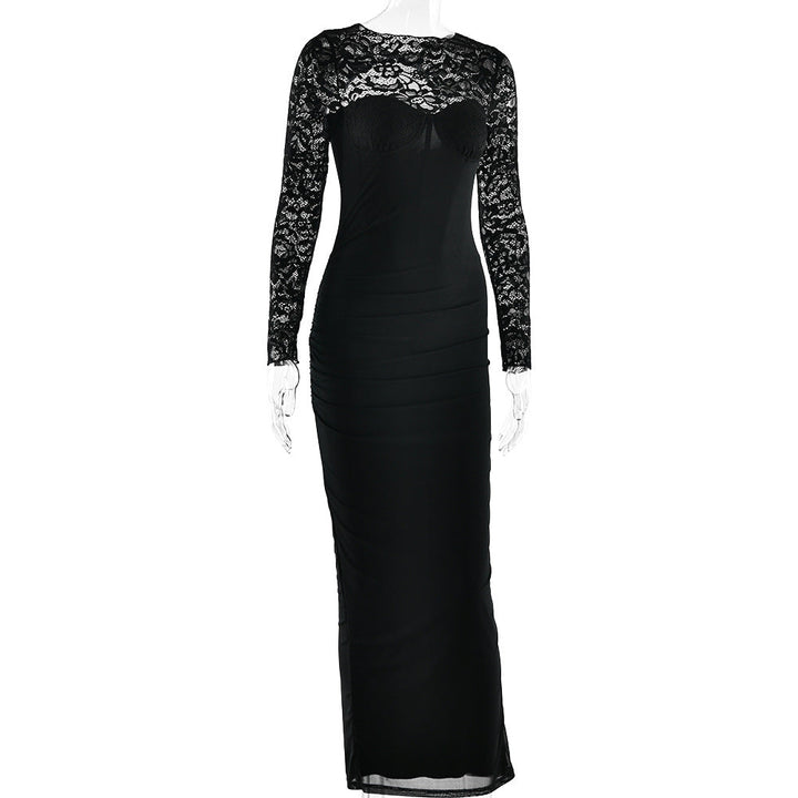 Crewneck long sleeve lace slit solid midi dress  | Festival Outfits Women