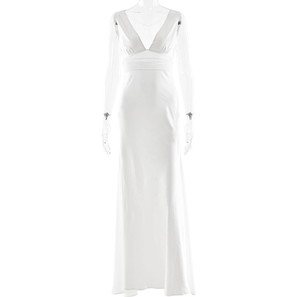 Beaded v neck zip-up satin backless maxi dress  | Festival Outfits Women