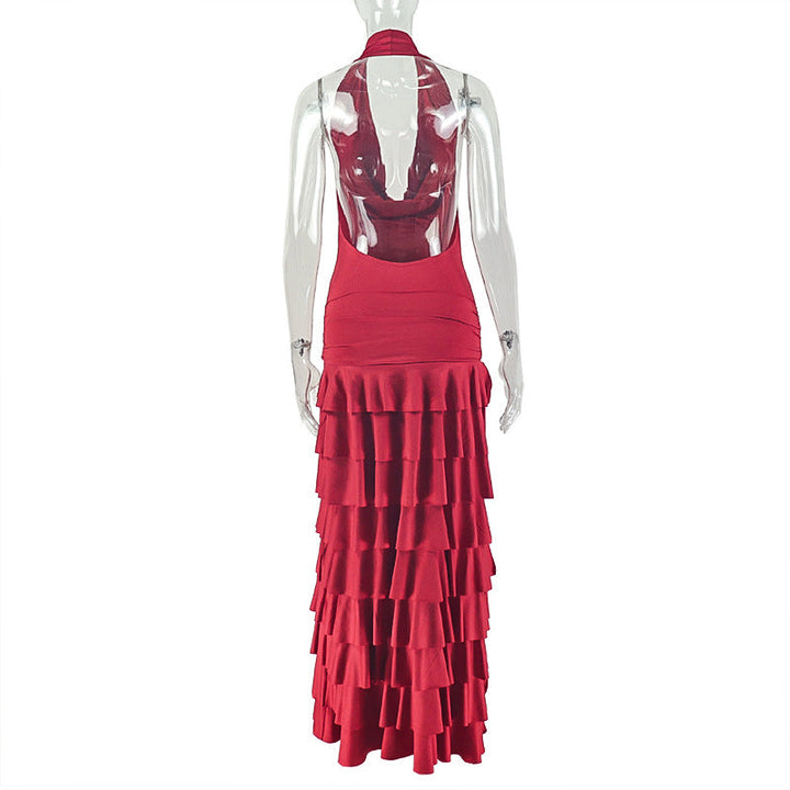 Cowl neck halter ruffle slit irregular maxi dress  | Festival Outfits Women