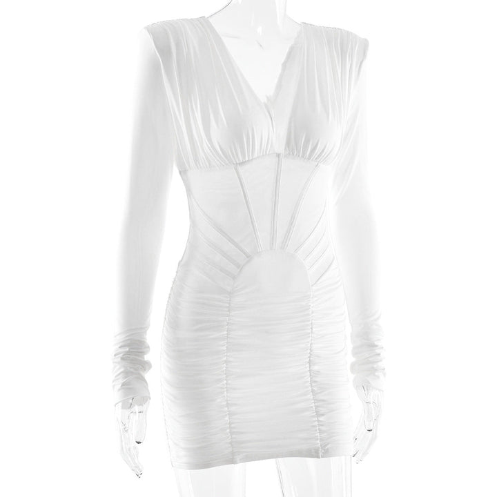 Long sleeve ruched v neck solid mini dress  | Festival Outfits Women