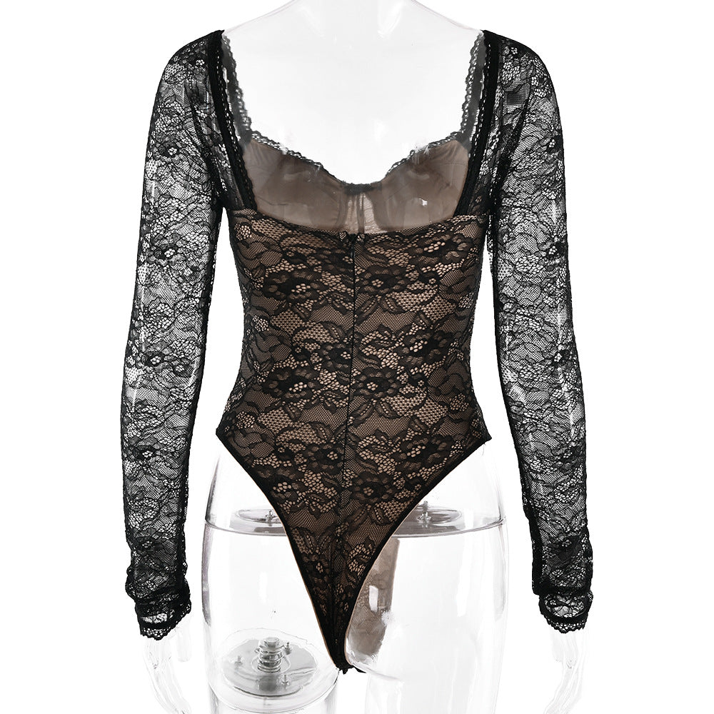 Long sleeve lace v neck button bodysuit  | Festival Outfits Women