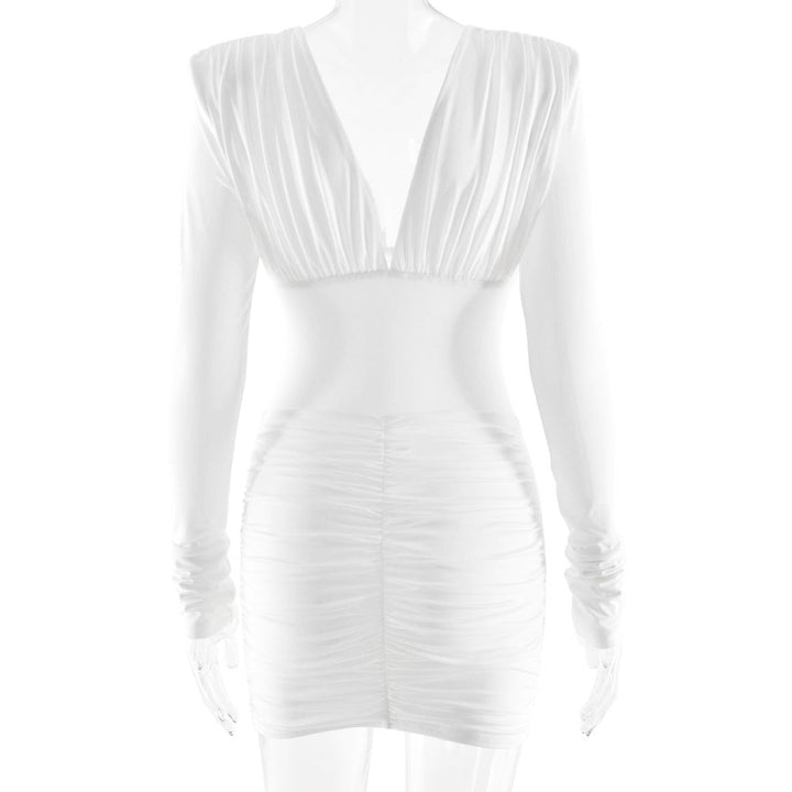 Long sleeve ruched v neck solid mini dress  | Festival Outfits Women