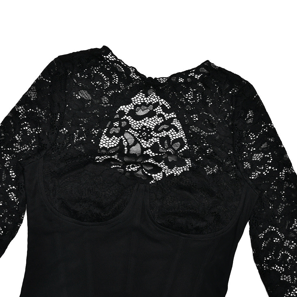 Crewneck long sleeve lace slit solid midi dress  | Festival Outfits Women