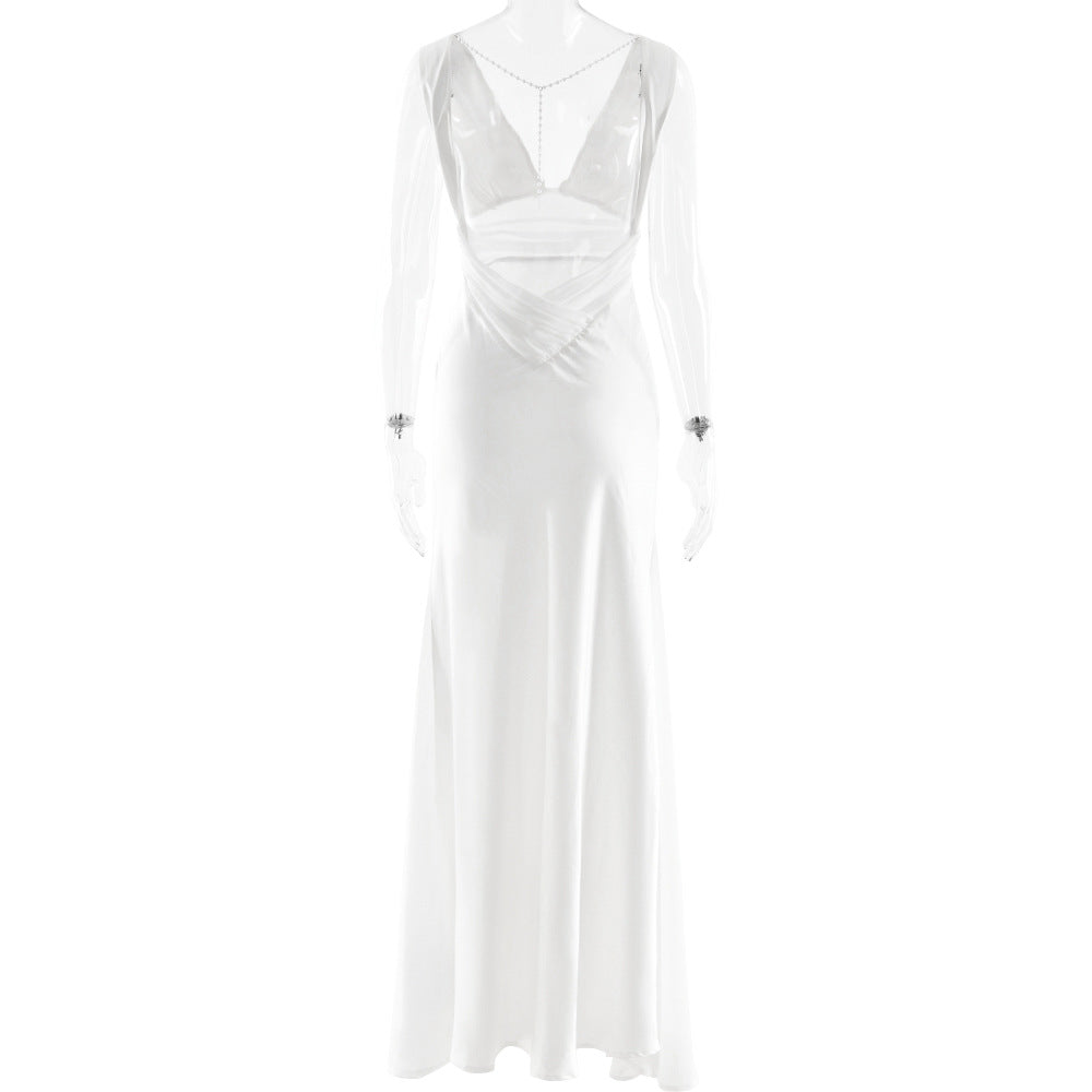 Beaded v neck zip-up satin backless maxi dress  | Festival Outfits Women