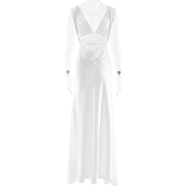 Beaded v neck zip-up satin backless maxi dress  | Festival Outfits Women