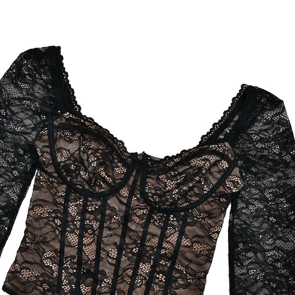 Long sleeve lace v neck button bodysuit  | Festival Outfits Women