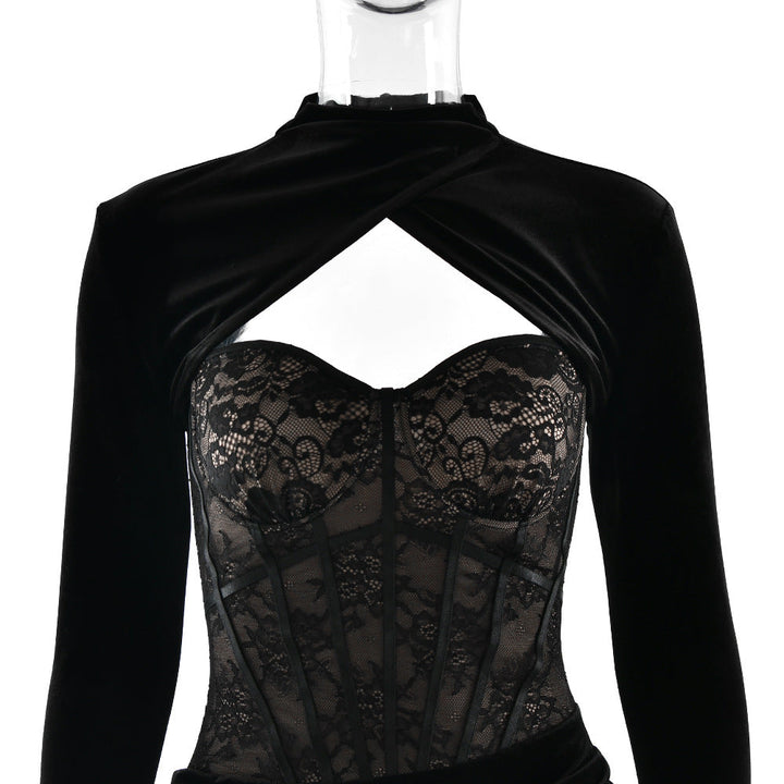 Long sleeve lace ruched zip-up solid maxi dress  | Festival Outfits Women