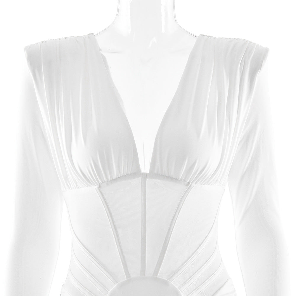 Long sleeve ruched v neck solid mini dress  | Festival Outfits Women