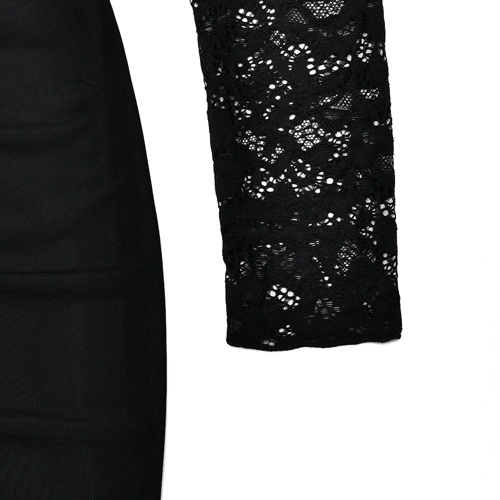 Crewneck long sleeve lace slit solid midi dress  | Festival Outfits Women