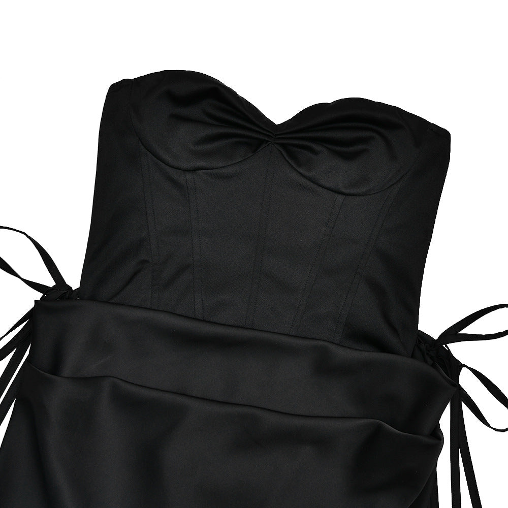 Sweetheart neck pleated satin backless tube maxi skirt set  | Festival Outfits Women