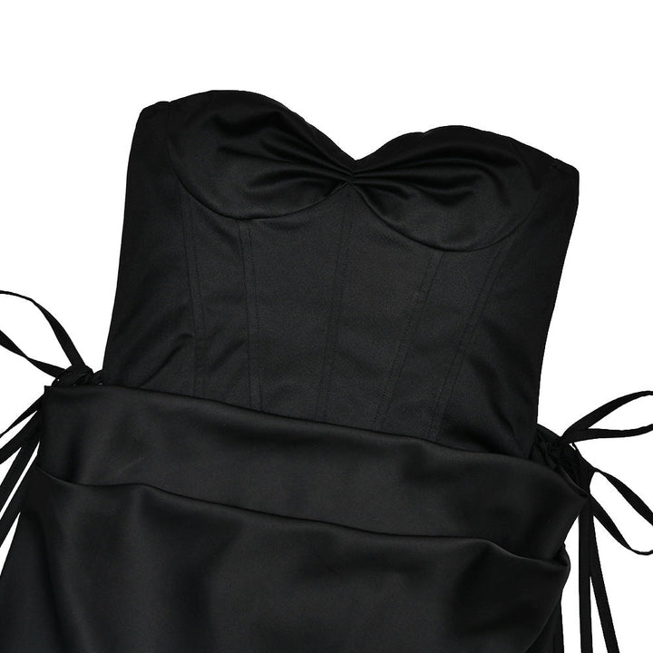 Sweetheart neck pleated satin backless tube maxi skirt set  | Festival Outfits Women