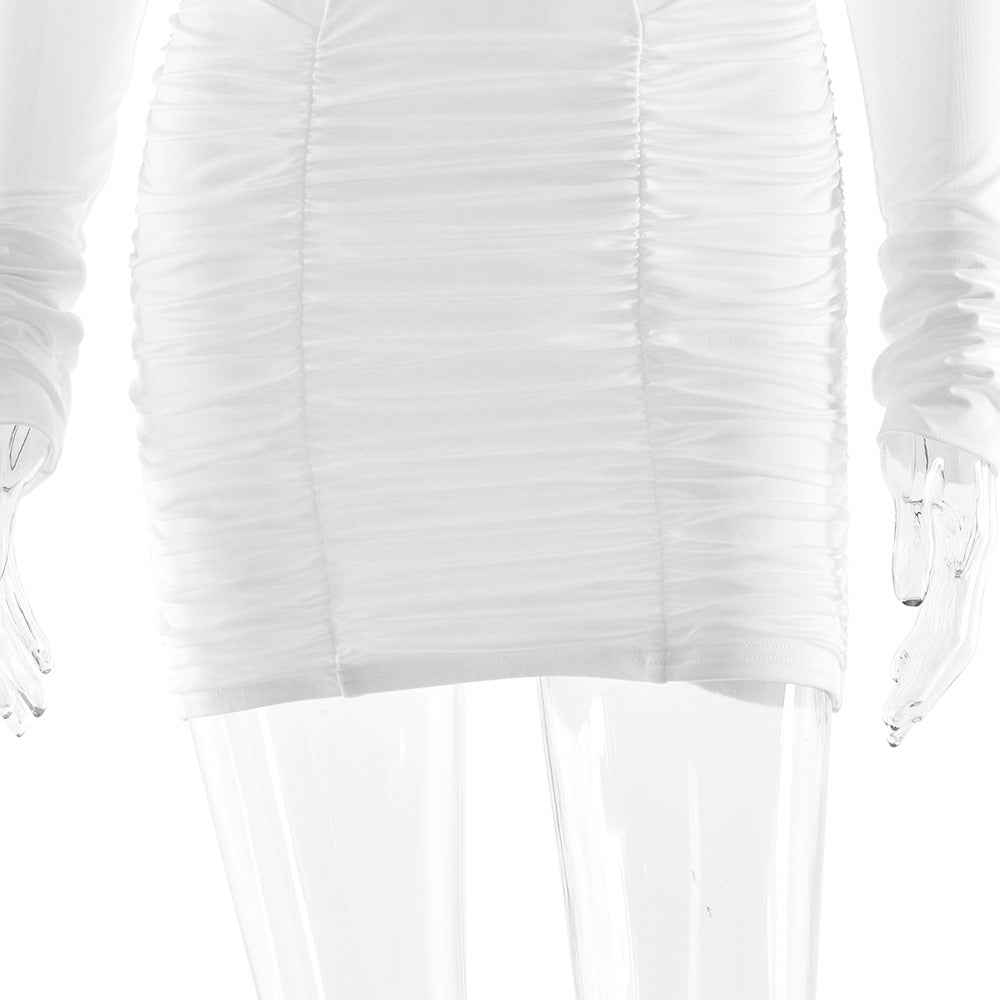 Long sleeve ruched v neck solid mini dress  | Festival Outfits Women